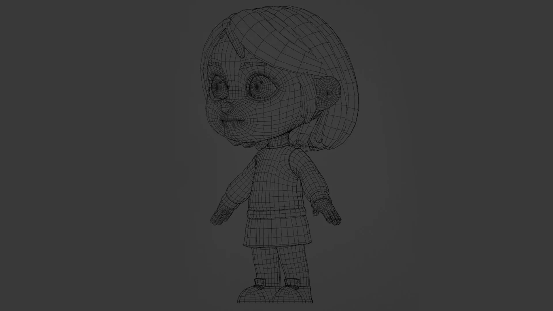 Low-poly quad topology 3D character wireframe